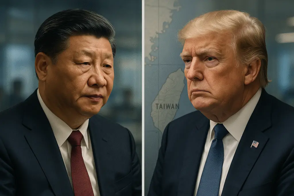 Split-screen editorial image symbolizing a tense phone call between Xi Jinping and Donald Trump over Taiwan.